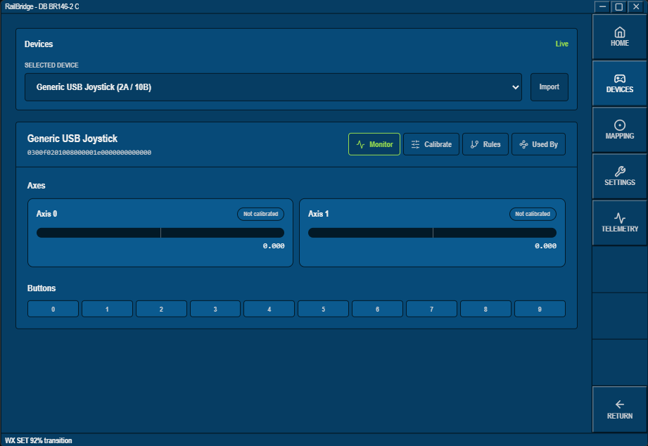 RailBridge device monitor showing live axis and button state for a connected USB joystick