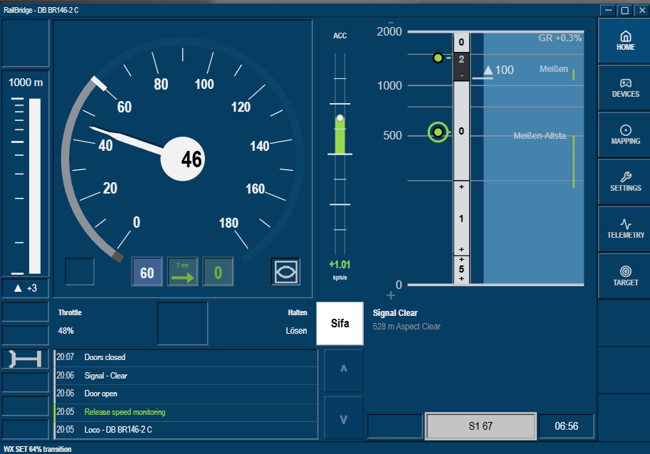 RailBridge DMI-style dashboard showing speedometer, acceleration, route monitor and signal status for Train Sim World 6